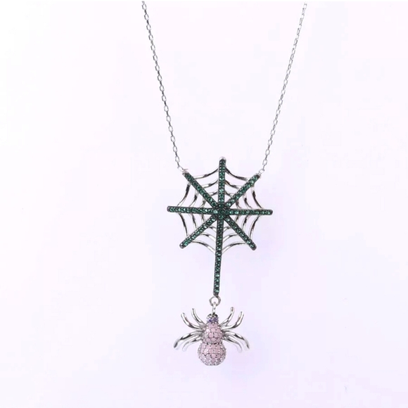 Dark Kharma by Avelon Jewelry - Emerald web & Pink Topaz Spider sterling necklace 18"